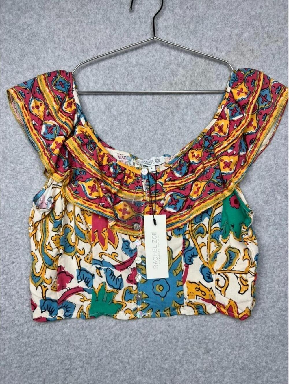 Rachel Zoe Ruffled Off Shoulder Crop Top Multicolor Floral Patchwork Boho L New